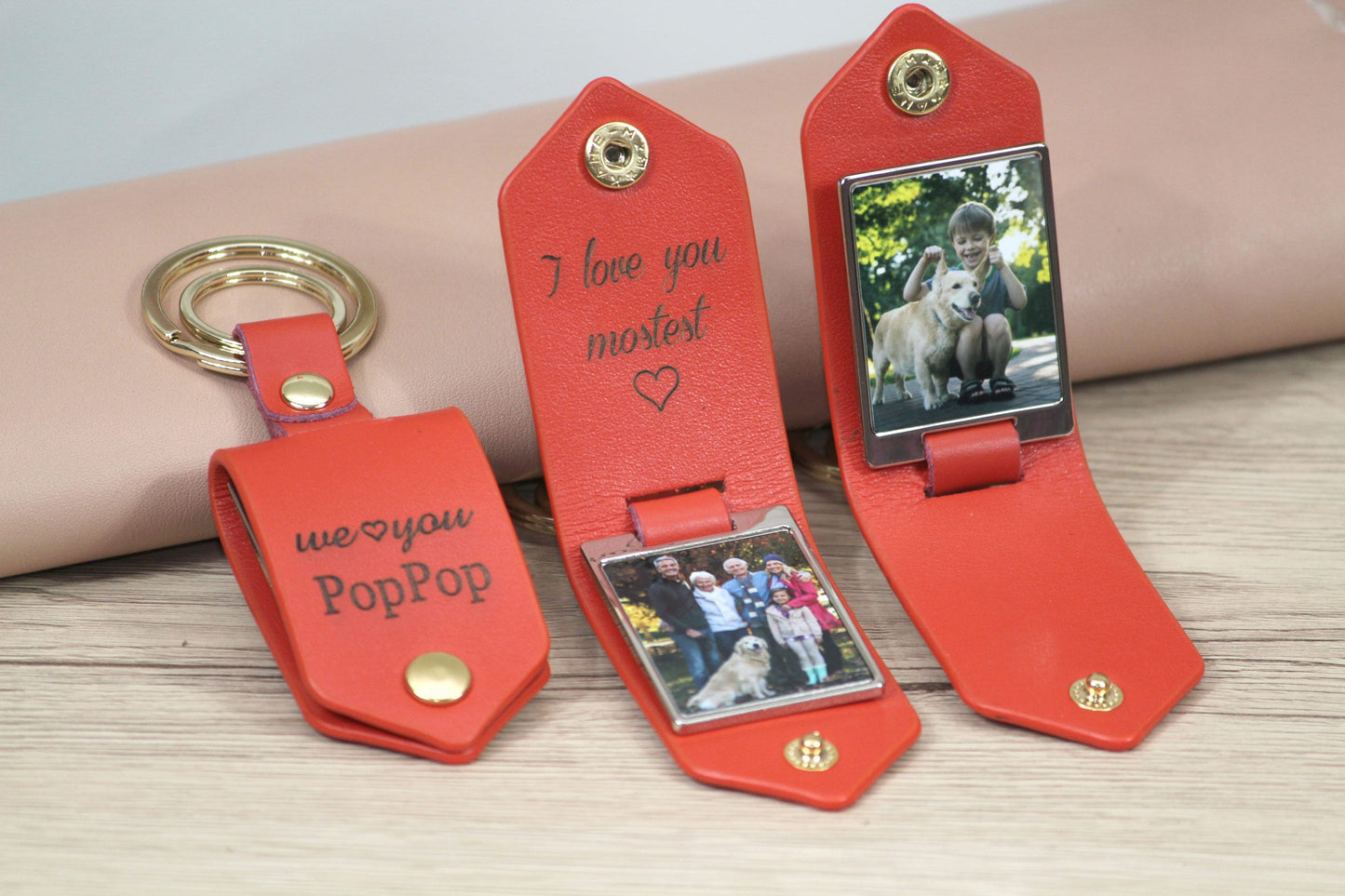 Personalized Leather Photo Keychain, Drive Safe, First Time Mom Dad, Grandpa Gifts - Birthday, Anniversary, Father's Day Gift -Gold Hardware