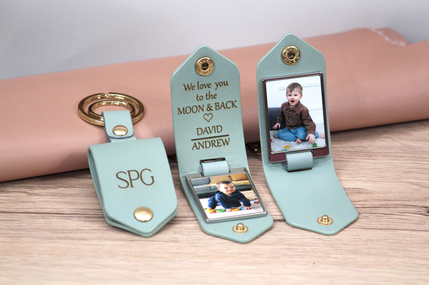 Personalized Leather Photo Keychain, Drive Safe, First Time Mom Dad, Grandpa Gifts - Birthday, Anniversary, Father's Day Gift -Gold Hardware