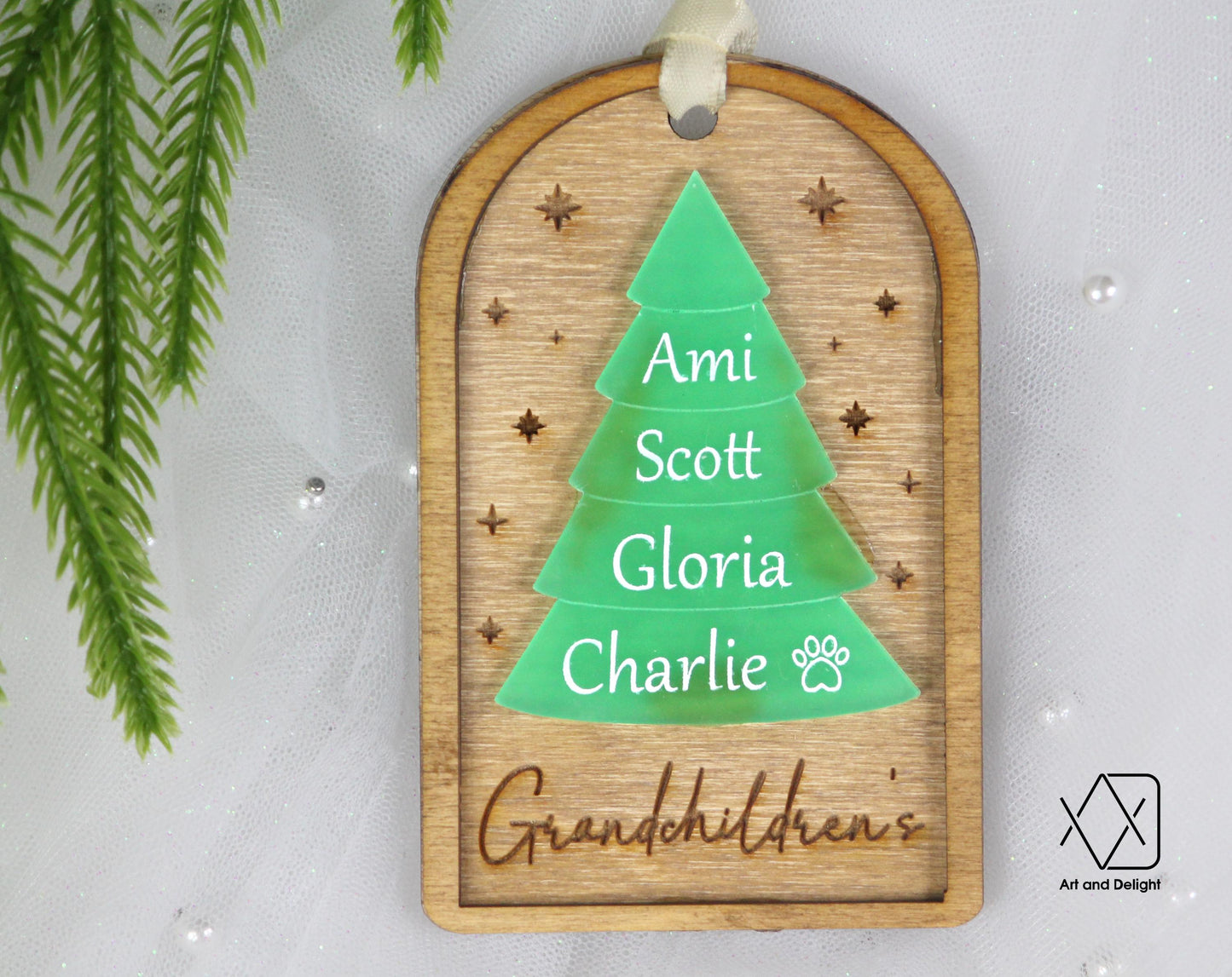 Personalized Family Tree Ornament | Custom Grandparent Ornament | Family Name 2024 Grandchildren Grandkids Ornament | Christmas Tree Shaped