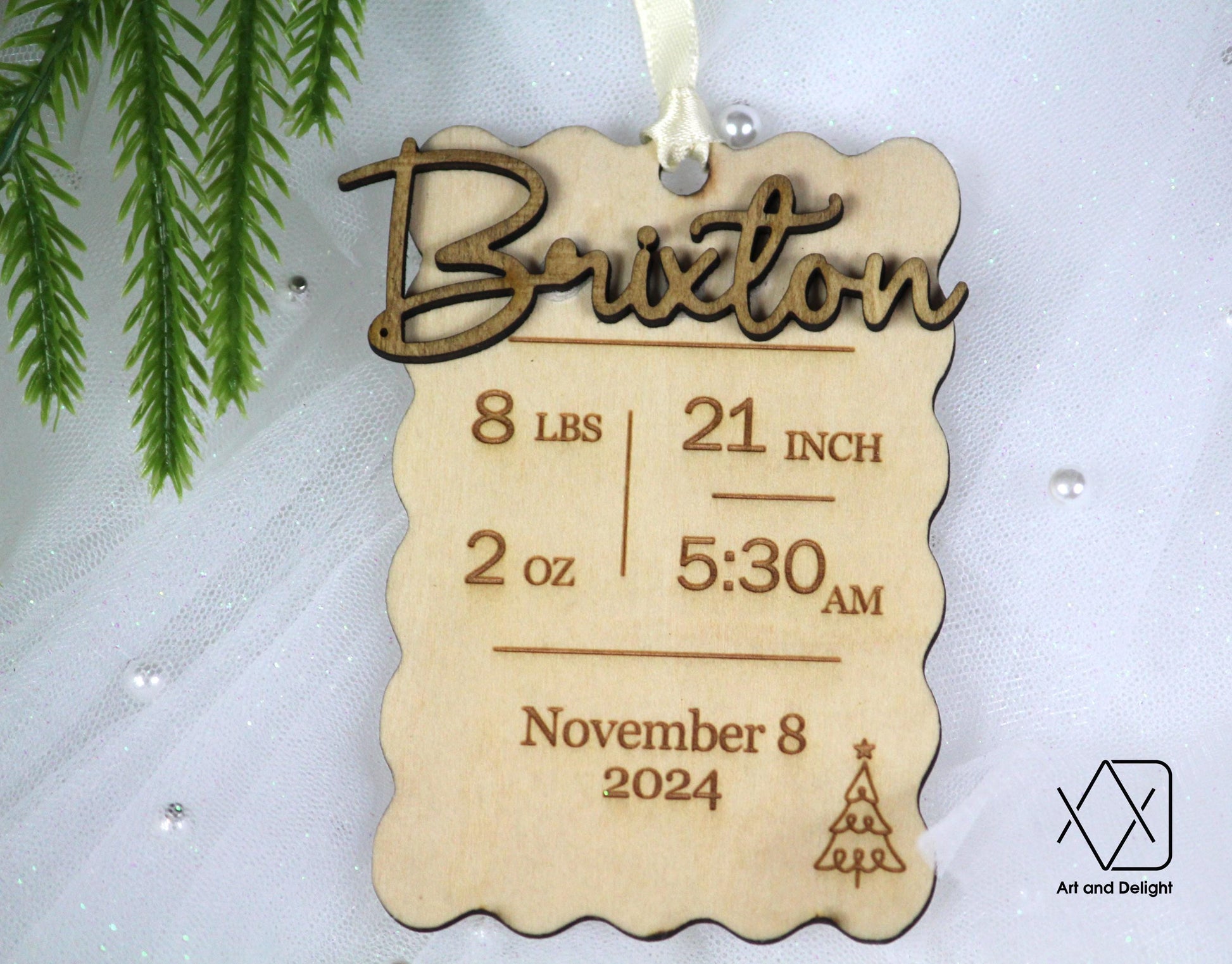 Baby’s First Christmas Ornament - Name, Birthdate, Weight –Wood & Acrylic Keepsake | Personalized Birth Stat Ornament | Gift for New Parents