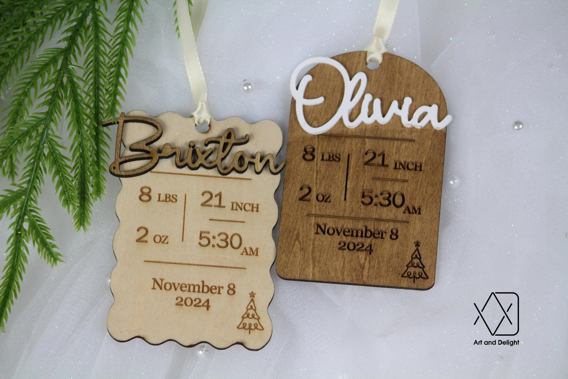 Baby’s First Christmas Ornament - Name, Birthdate, Weight –Wood & Acrylic Keepsake | Personalized Birth Stat Ornament | Gift for New Parents