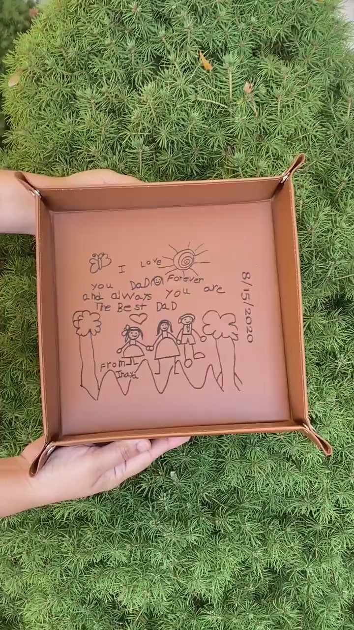 Personalized Leather Valet Tray, Customized Gift, Office Gift, Kids Drawing, Handwritten Gift, Groomsmen Gifts, Father's Day Gift