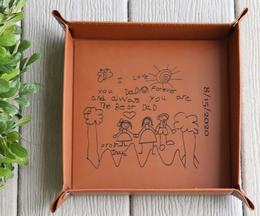 Personalized Leather Valet Tray, Customized Gift, Office Gift, Kids Drawing, Handwritten Gift, Groomsmen Gifts, Father's Day Gift