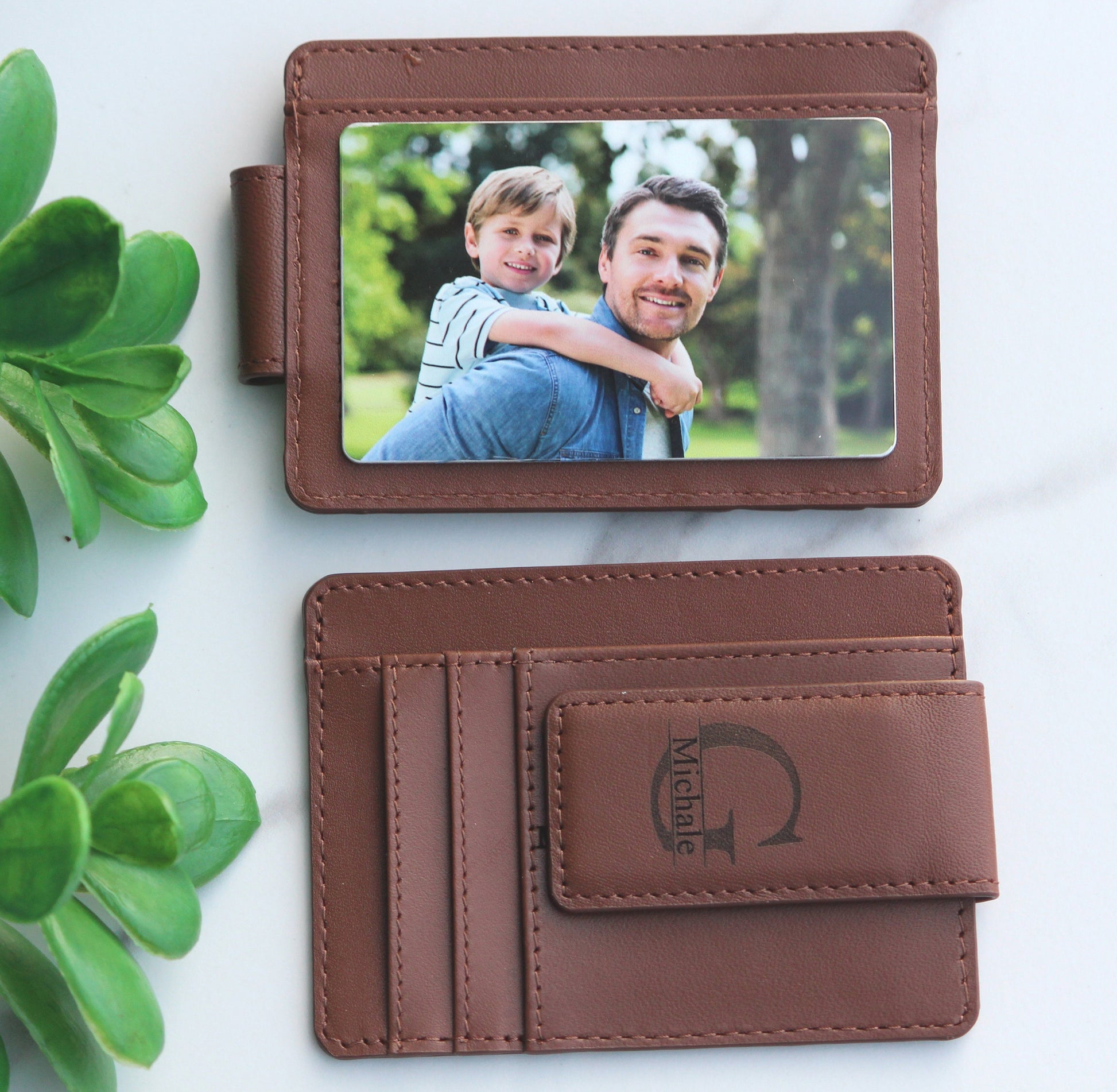 Christmas Gift, Personalized Leather Magnetic Money Clip, Free Wallet Photo Card - Birthday, Anniversary Gift