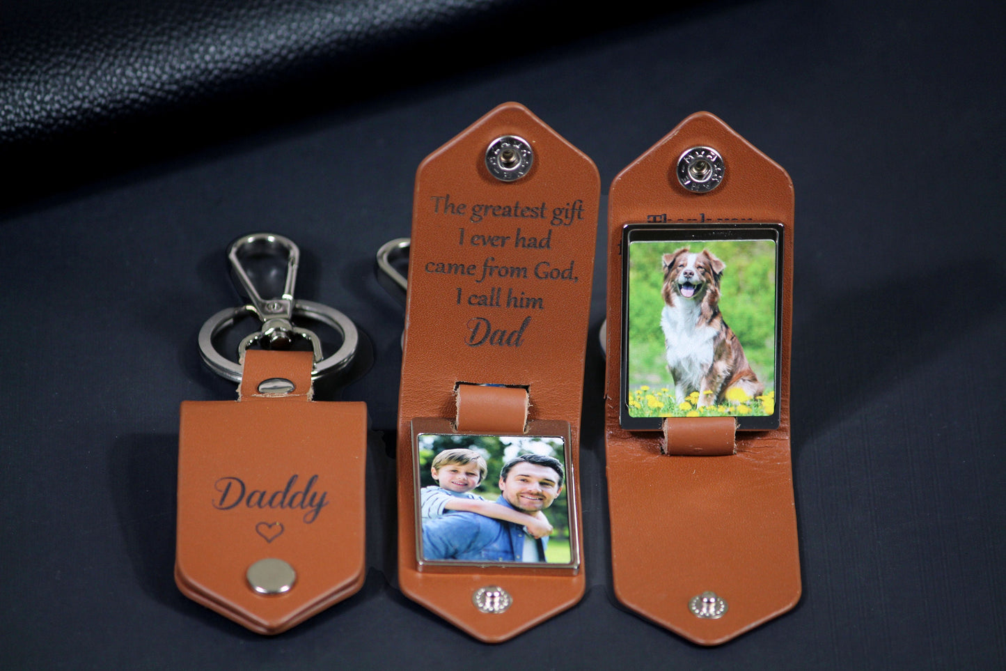 Fathers Day Gift with Initials, Personalized Leather Photo keychain, Drive Safe, Personal Handwritten Message - Birthday, Anniversary