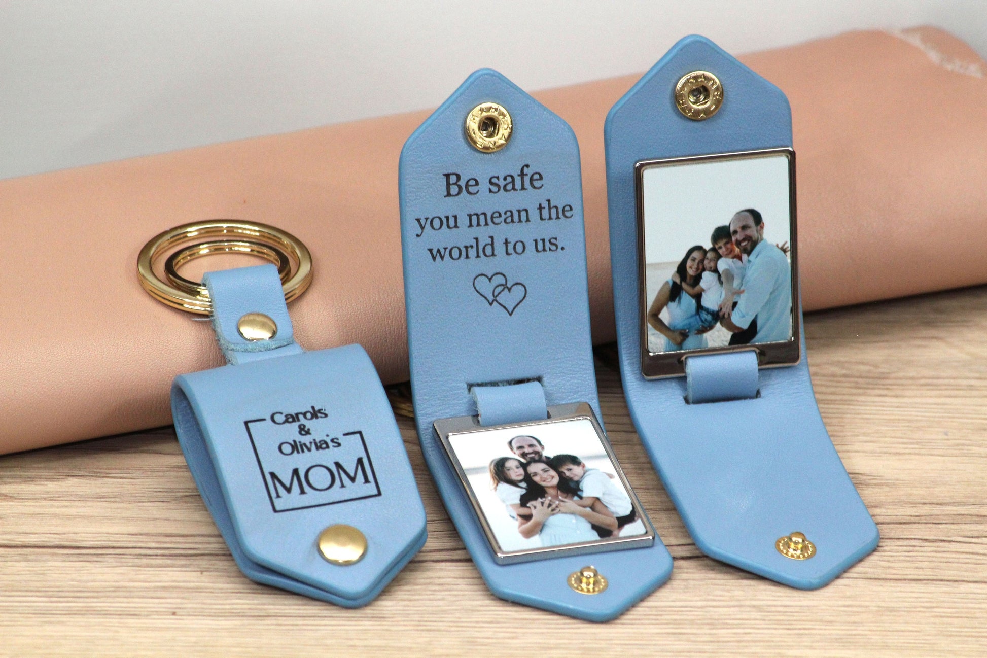 Personalized Leather Photo Keychain, Drive Safe - Birthday, Anniversary, Father's Day, Mother's Day Gifts - Gold Hardware