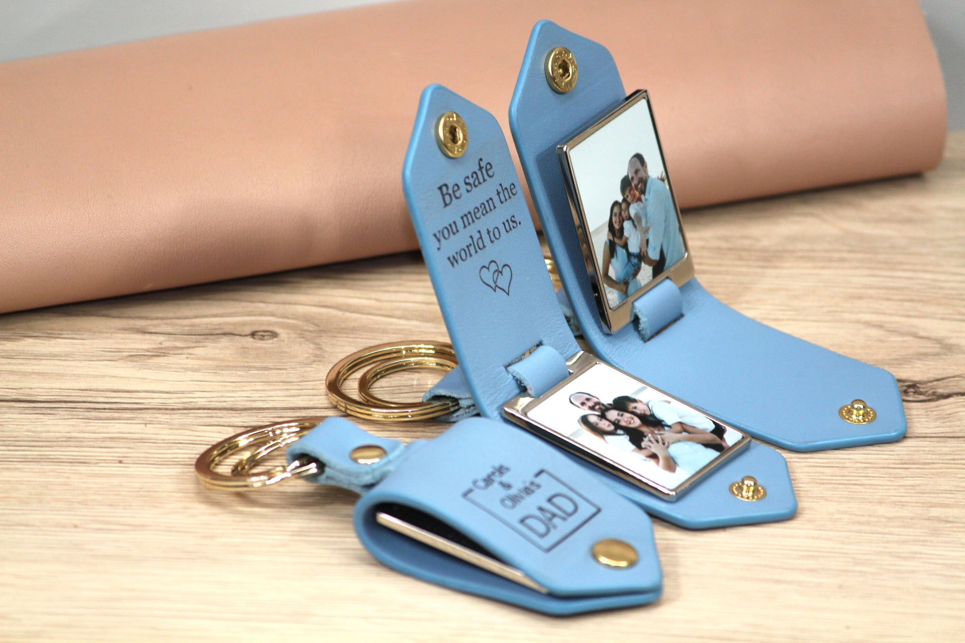 Personalized Leather Photo Keychain, Drive Safe, First Time Mom Dad, Grandpa Gifts - Birthday, Anniversary, Father's Day Gift -Gold Hardware