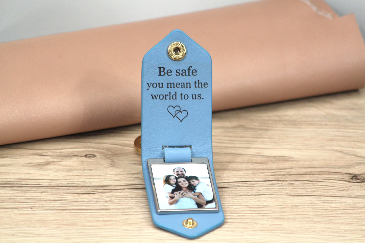 Personalized Leather Photo Keychain, Drive Safe, First Time Mom Dad, Grandpa Gifts - Birthday, Anniversary, Father's Day Gift -Gold Hardware