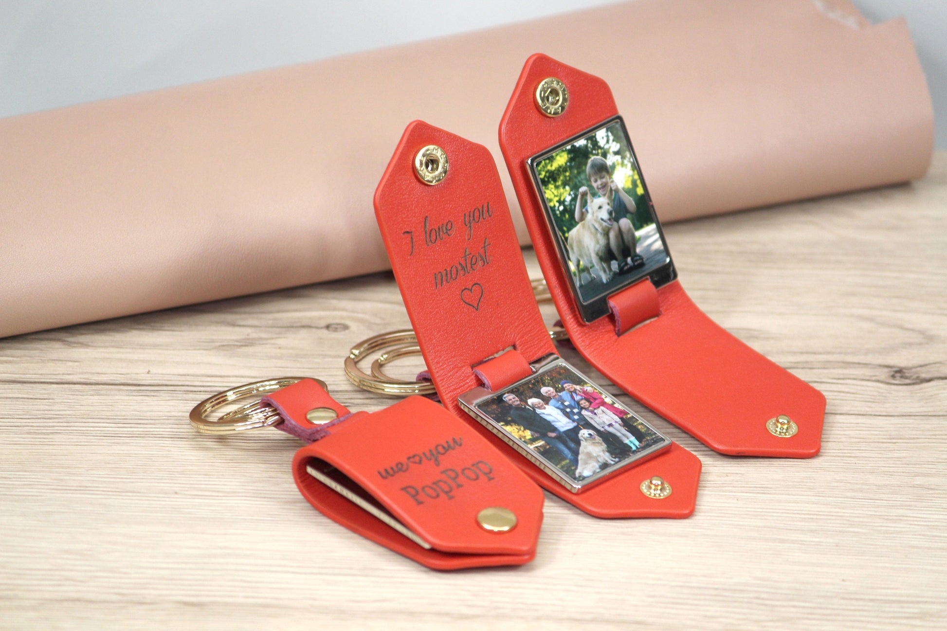 Personalized Leather Photo Keychain, Drive Safe - Birthday, Anniversary, Father's Day, Mother's Day Gifts - Gold Hardware