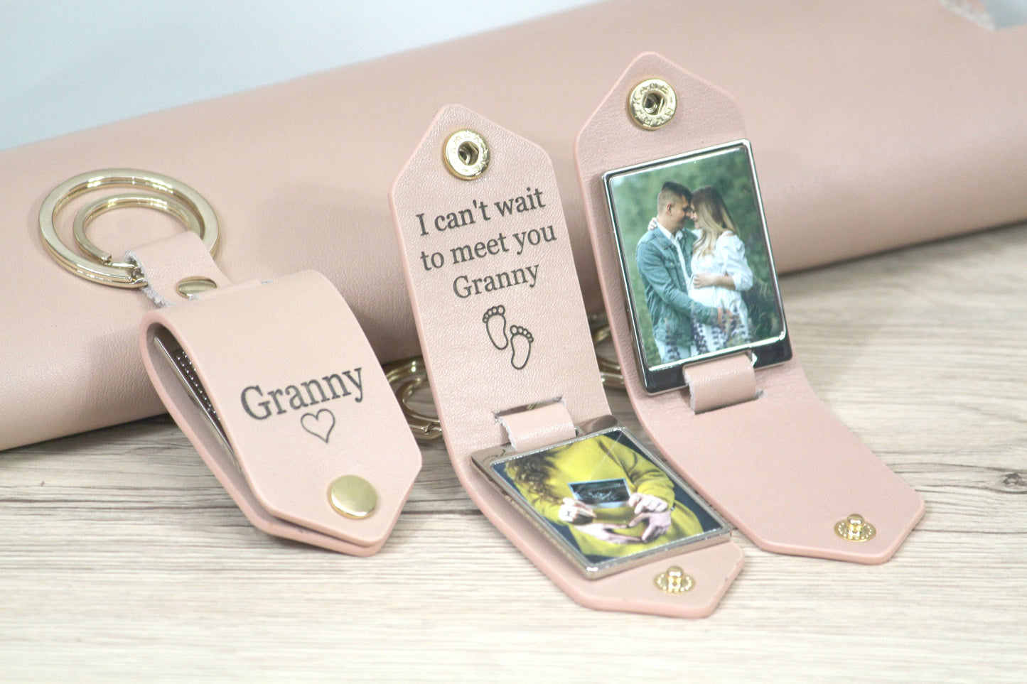 Personalized Leather Photo Keychain, Drive Safe - Birthday, Anniversary, Christmas Gifts, Car Accessories - Gold Hardware