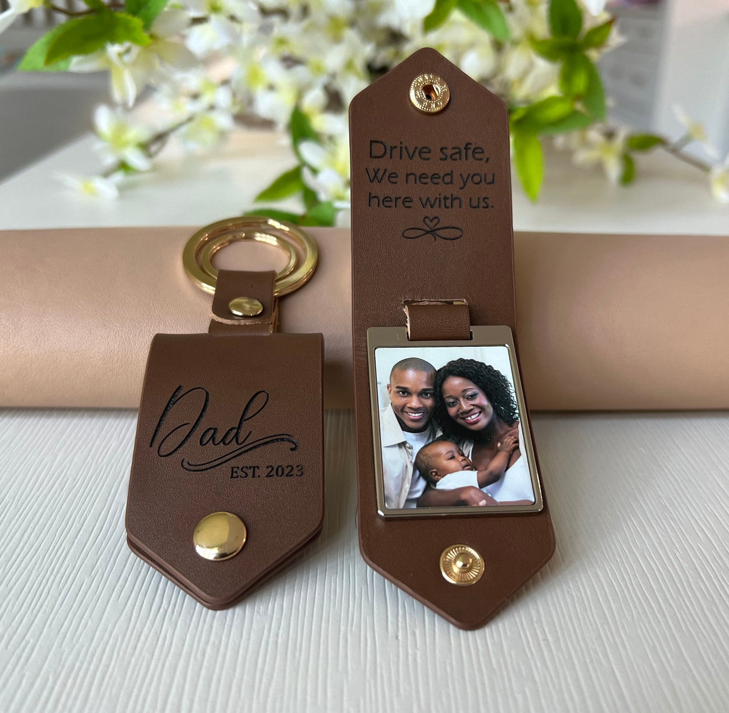 Personalized Leather Photo Keychain, Drive Safe, First Time Mom Dad - Birthday, Anniversary, Father's Day, Father's Day Gifts